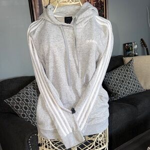 Adidas Women's Light Gray Hoodie with White Stripes